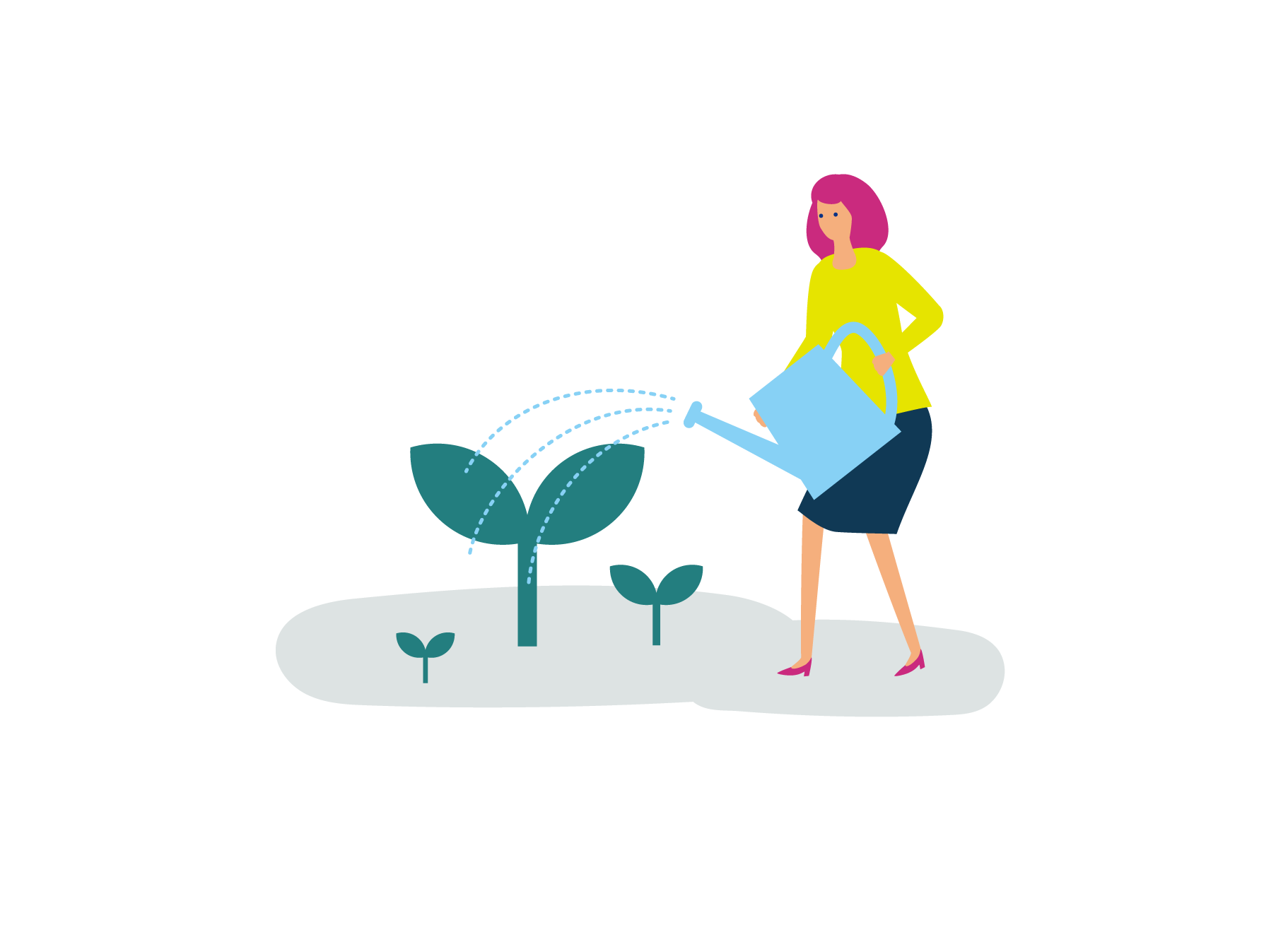 若葉に水をあげる人物のイラスト